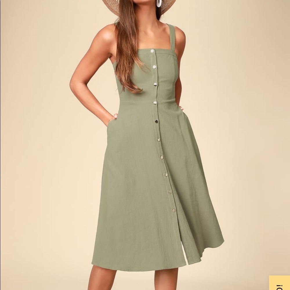 Lulus button front olive green dress